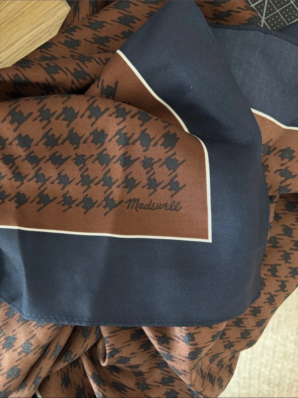 Madewell Brown and Navy Houndstooth Silk Scarf